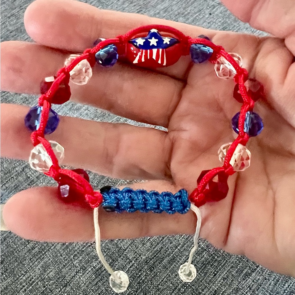 Hand Crafted Patriotic Bracelet Red, White, Blue Beads & Cord New